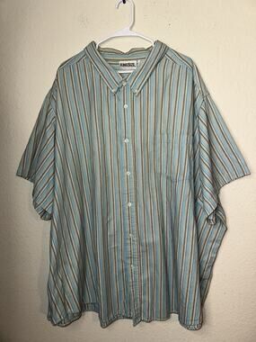 EUC King Size 6XL Short Sleeve Blue White Yellow Vertical Stripe Button Up Shirt